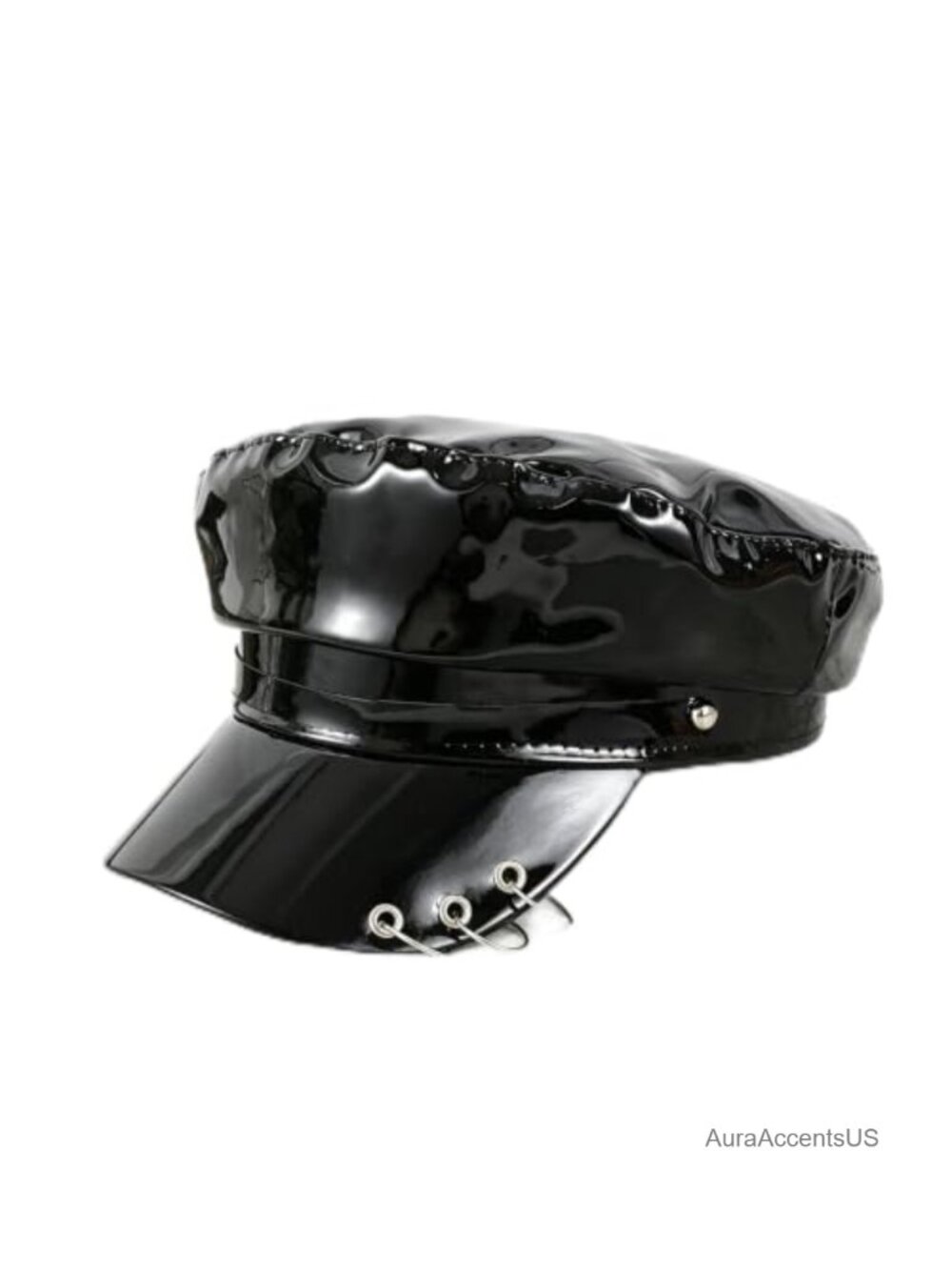 PU Leather Newsboy Hat Studded Punk Military Baker Boy Cap with Chain